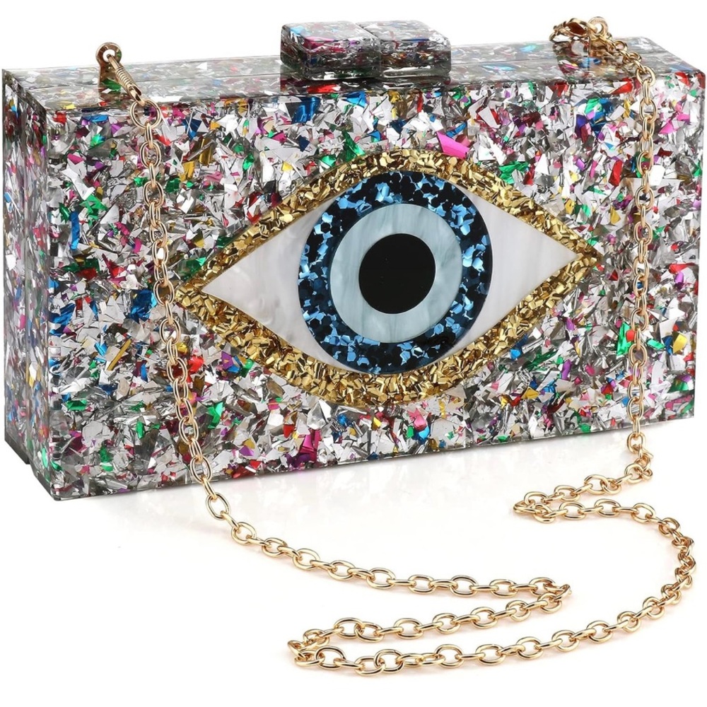 Evil eye clutch with gold chain as strap